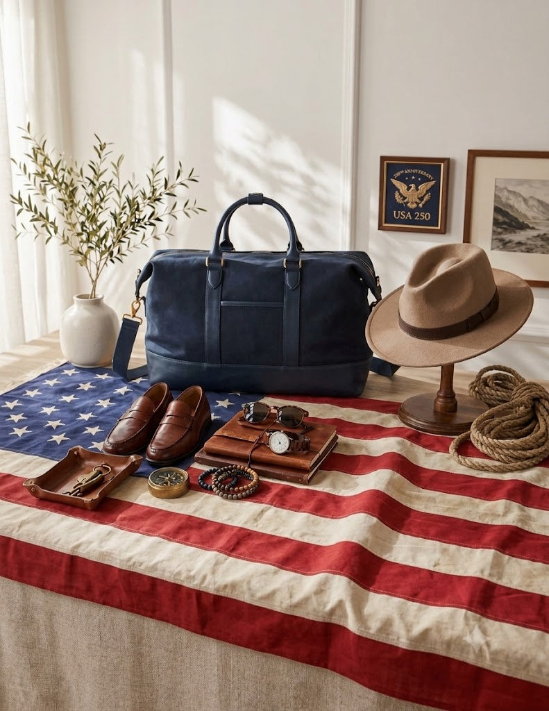 Premium Coastal 1776 accessories including a navy duffel bag, tan fedora, and leather loafers displayed on a vintage American flag tablecloth for a patriotic USA 250 luxury resort travel look.