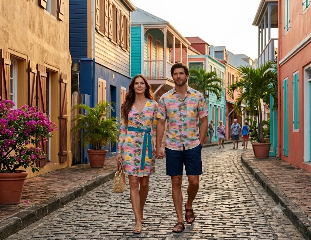 A couple walks down a Martinique street wearing the Coastal 1776 matching resort set, featuring a tropical patterned wrap dress and matching men's shirt against colorful island buildings.