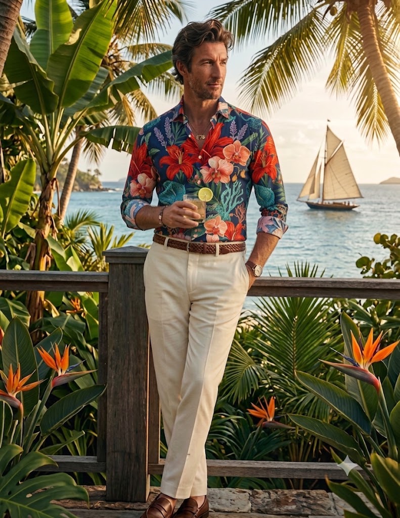 Man in premium resort wear wearing a navy silk-blend button-down shirt with a vibrant red lily and orchid botanical print and cream trousers. He stands on a tropical terrace holding a cocktail with a classic sailboat on the ocean.