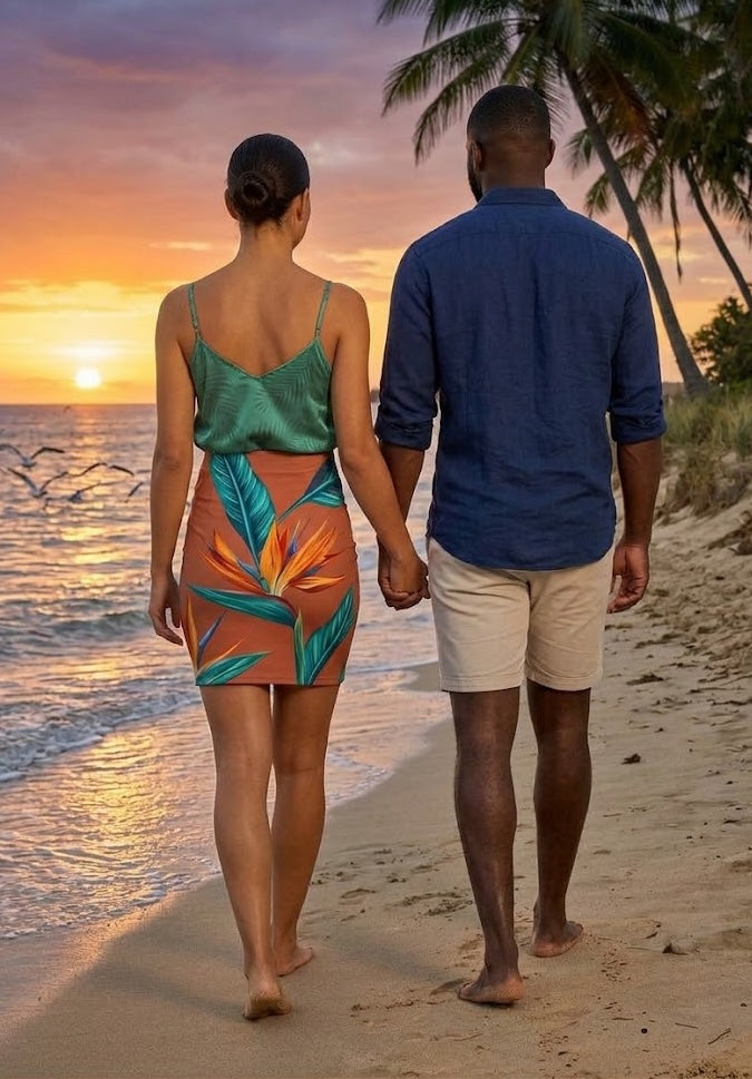 Tropical Bird of Paradise Mid-Waist Pencil Mini Skirt