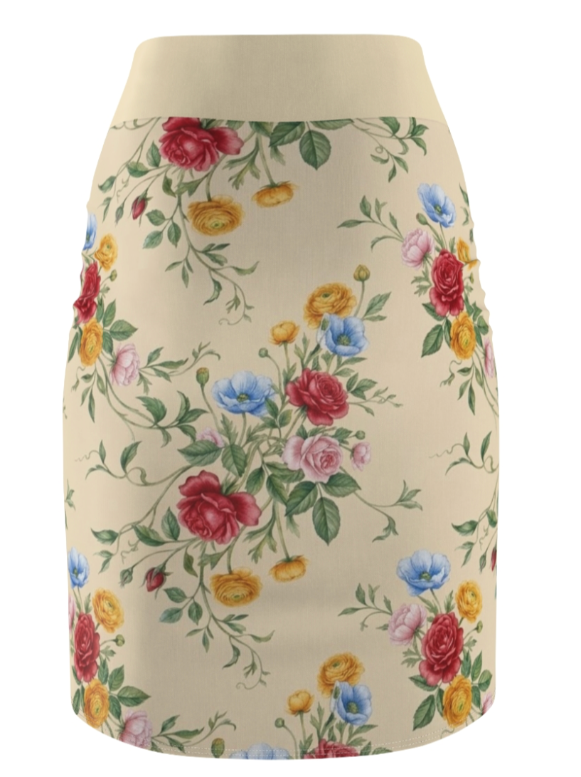 Coastal Champagne Vintage Floral Pencil Mini Skirt
