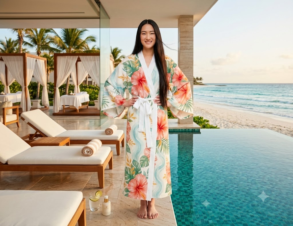 Coastal Luxe: Coral Hibiscus Resort Kimono Robe