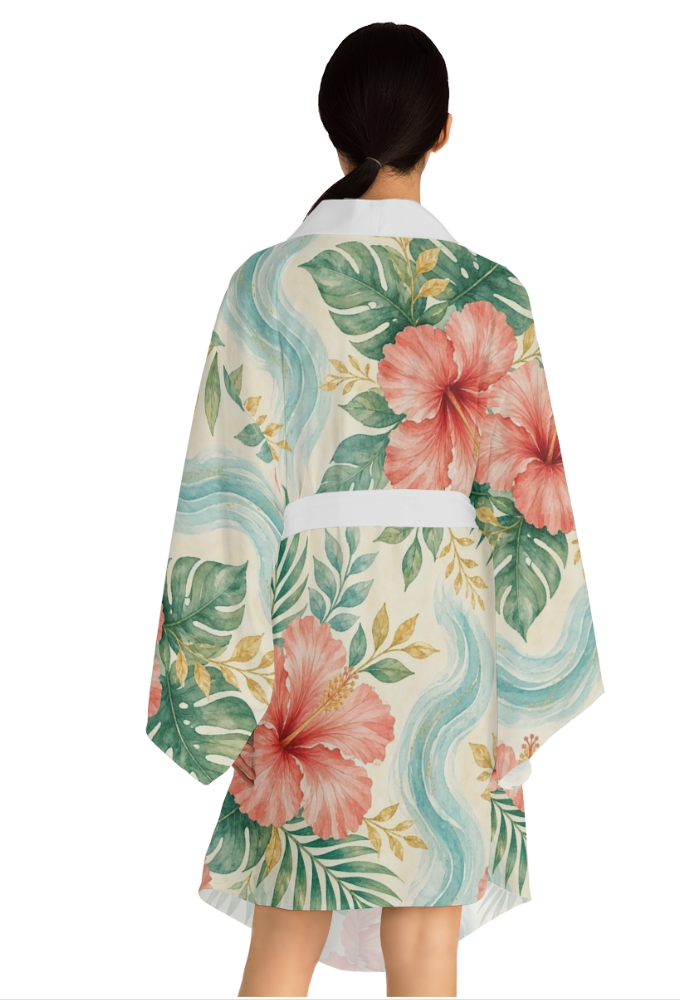 Coastal Luxe: Coral Hibiscus Resort Kimono Robe