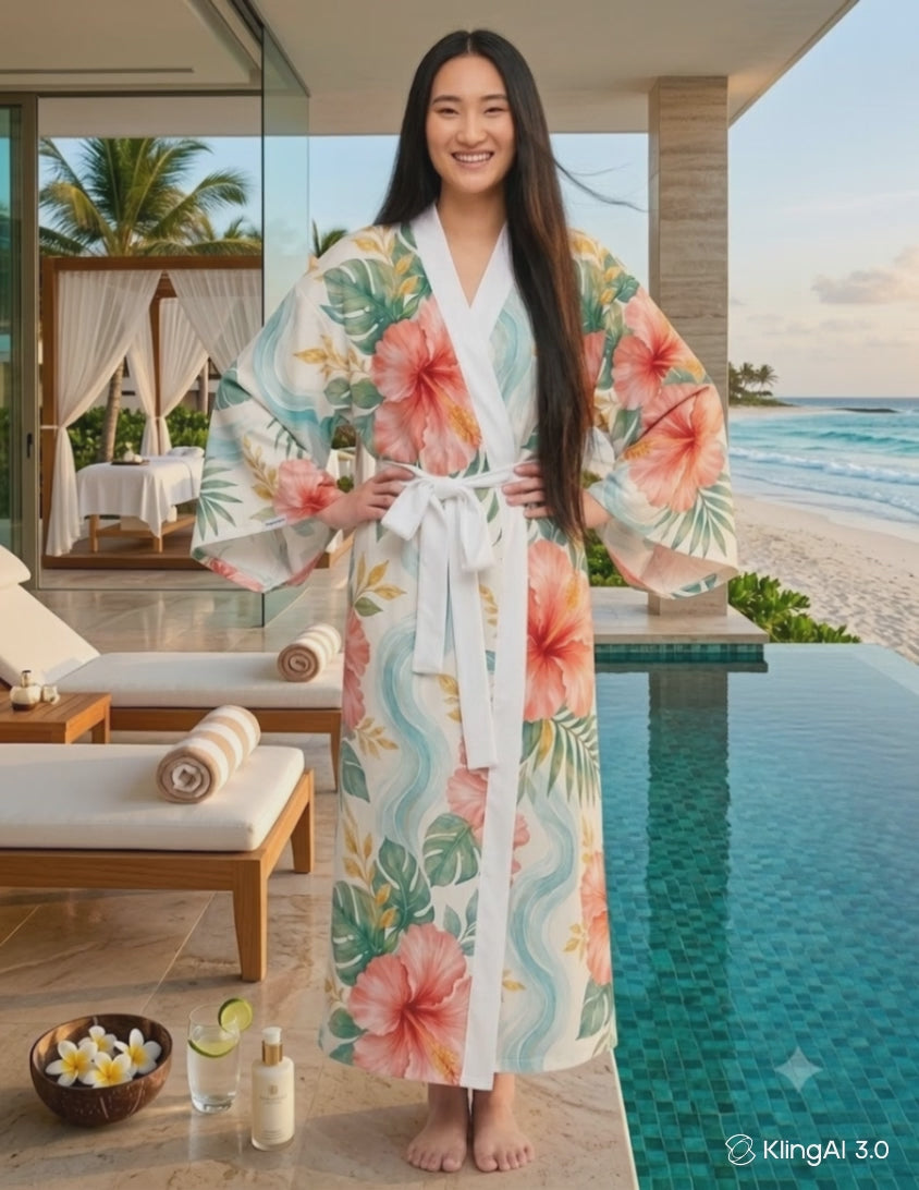 Coastal Luxe: Coral Hibiscus Resort Kimono Robe