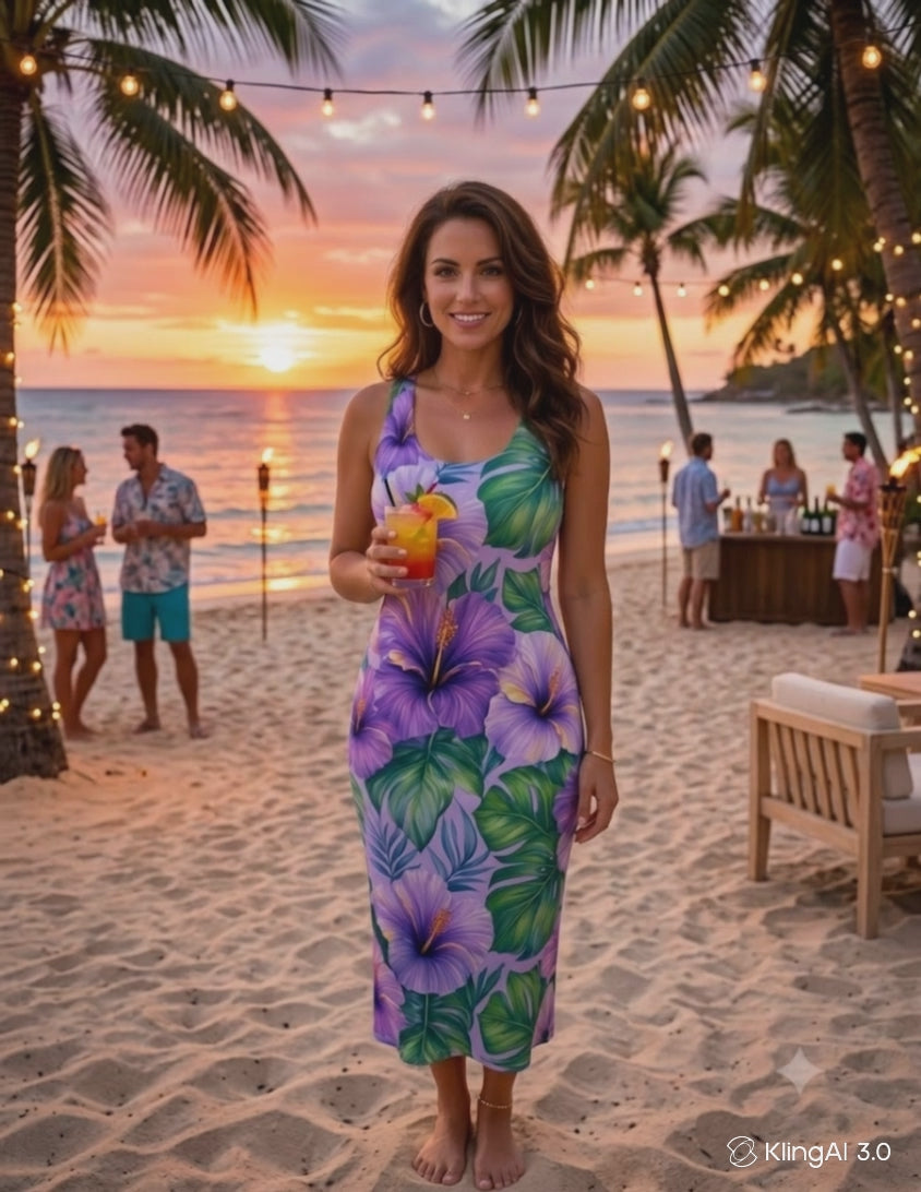 Coastal 1776 Purple Hibiscus Tropical Racerback Dress